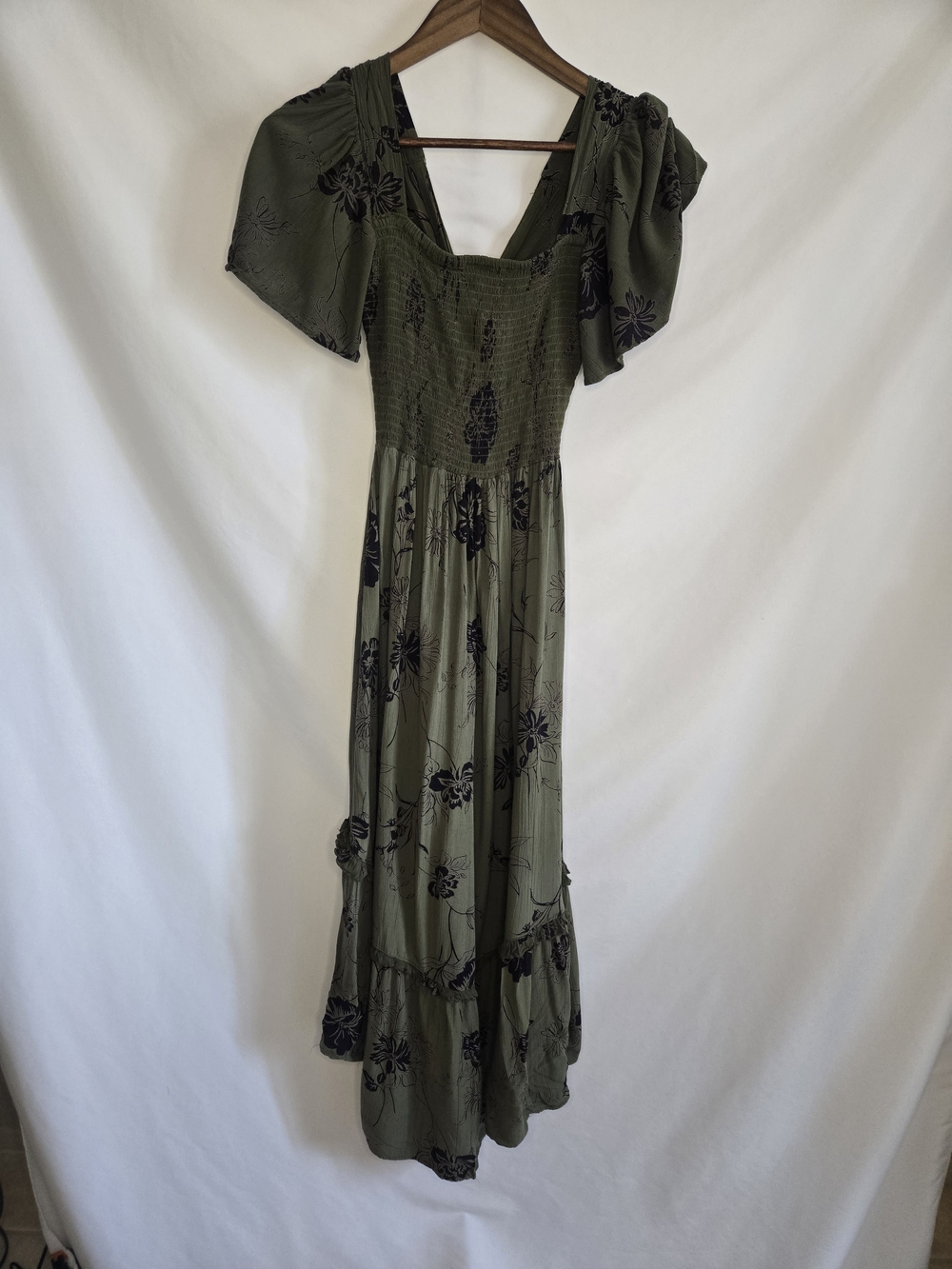 Angie Olive Green Dress with Black Floral Accents And Keyhole Small - Picture 2 of 5